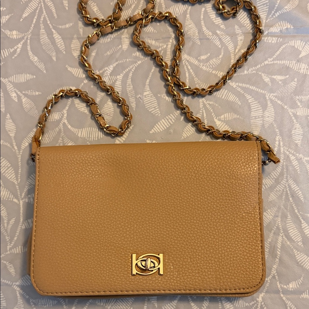 bebe Tan Pebbled Leather Crossbody with Gold Chain